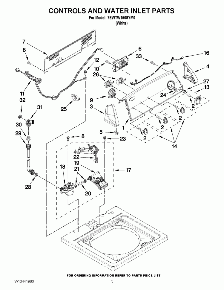 CONTROLS AND WATER INLET PARTS Diagram and Parts List for 7EWTW1509YM0  Whirlpool Washer