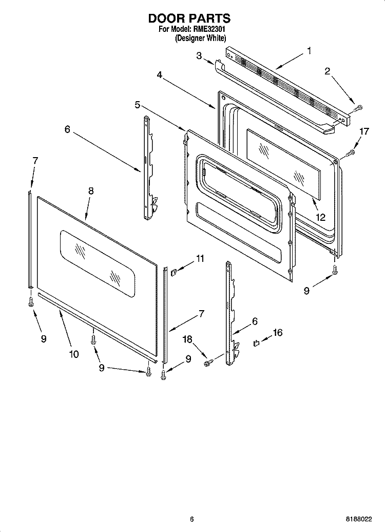 DOOR PARTS, OPTIONAL PARTS Diagram and Parts List for RME32301  Roper Range