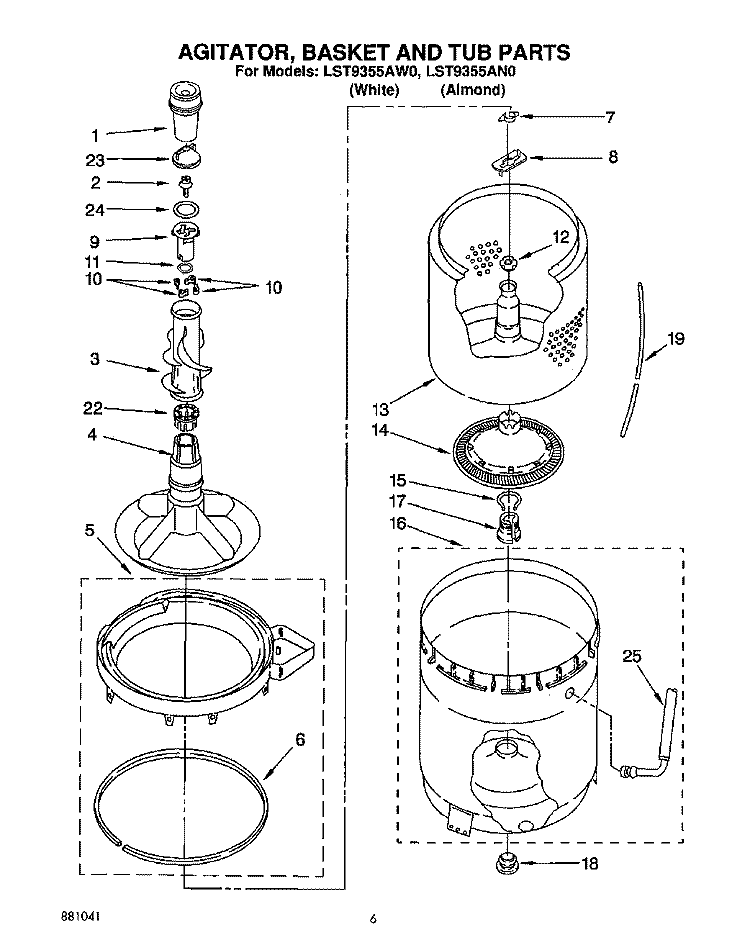AGITATOR, BASKET AND TUB Diagram and Parts List for LST9355AN0  Whirlpool Washer