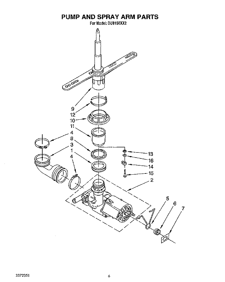 PUMP AND SPRAY ARM Diagram and Parts List for DU8150XX2  Whirlpool Dishwasher