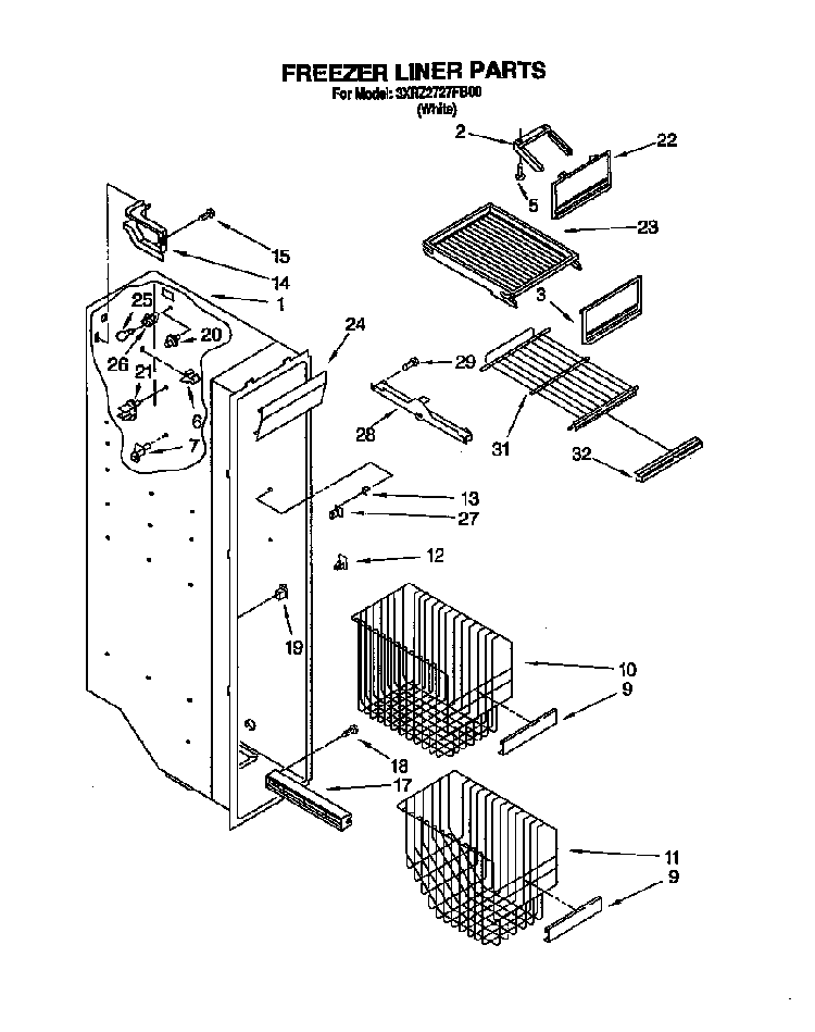 Freezer Liner Diagram and Parts List for 3XR2727FB00  Whirlpool Refrigerator