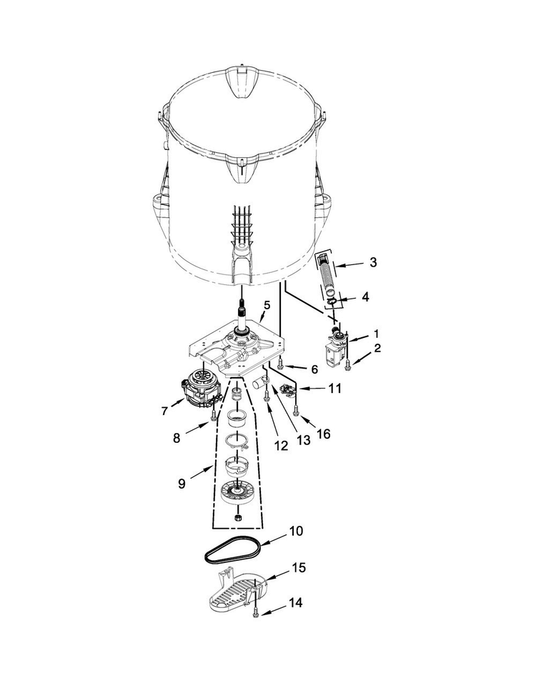 Gearcase, Motor And Pump Parts Diagram and Parts List for 7MWTW5622BW1  Whirlpool Washer