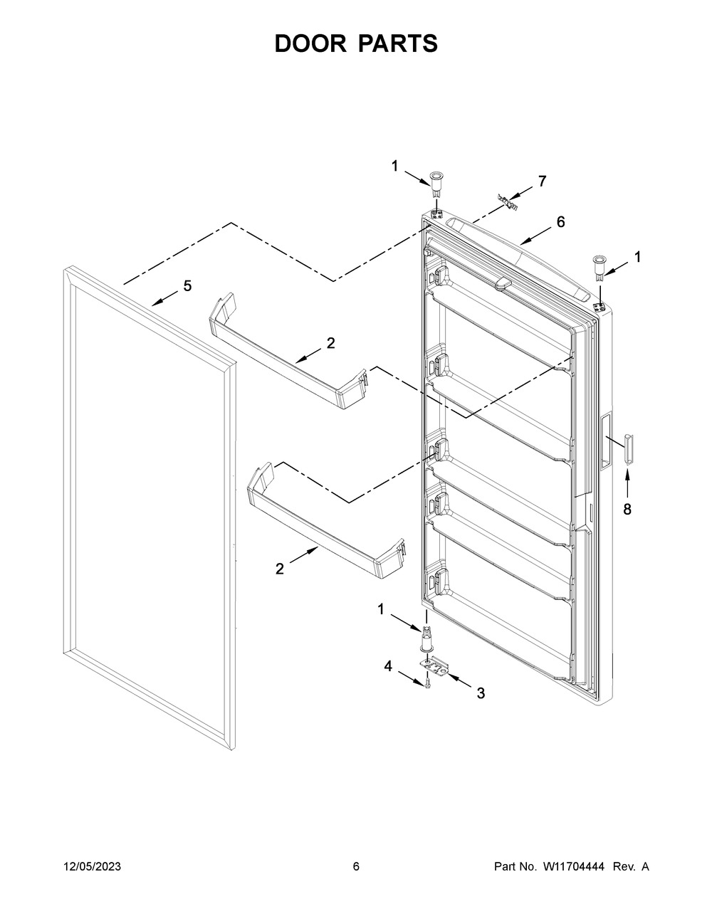 Door Parts Diagram and Parts List for WZF34X18DW08  Whirlpool Freezer