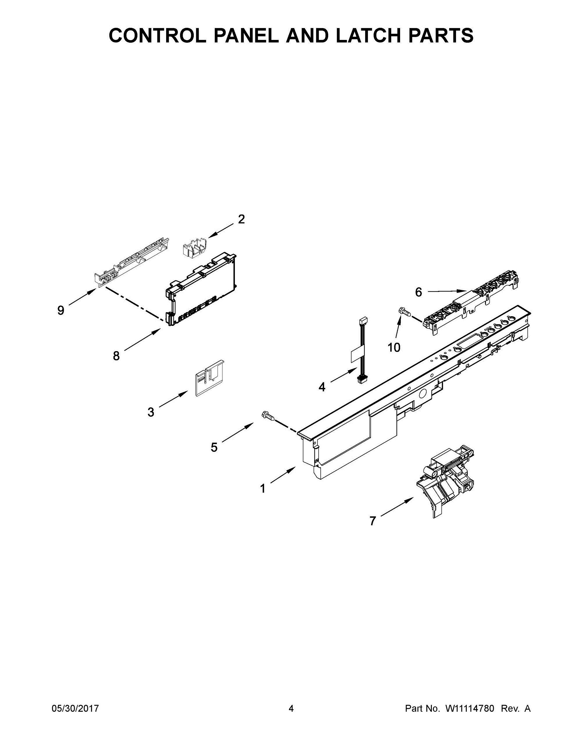 03 - CONTROL PANEL AND LATCH PARTS Diagram and Parts List for WDT710PAHZ0  Whirlpool Dishwasher