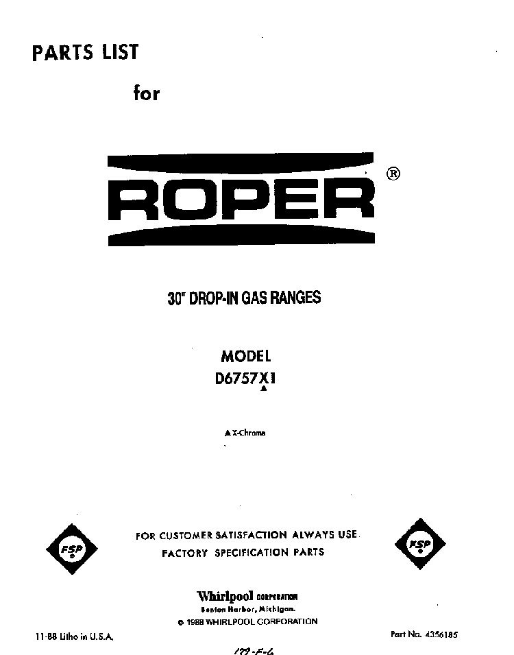 Front Cover Diagram and Parts List for D6757*1  Roper Range