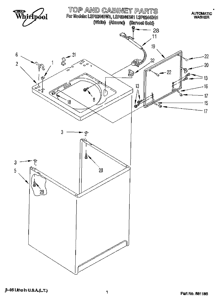TOP AND CABINET, LIT/OPTIONAL Diagram and Parts List for LSP8244BN1  Whirlpool Washer