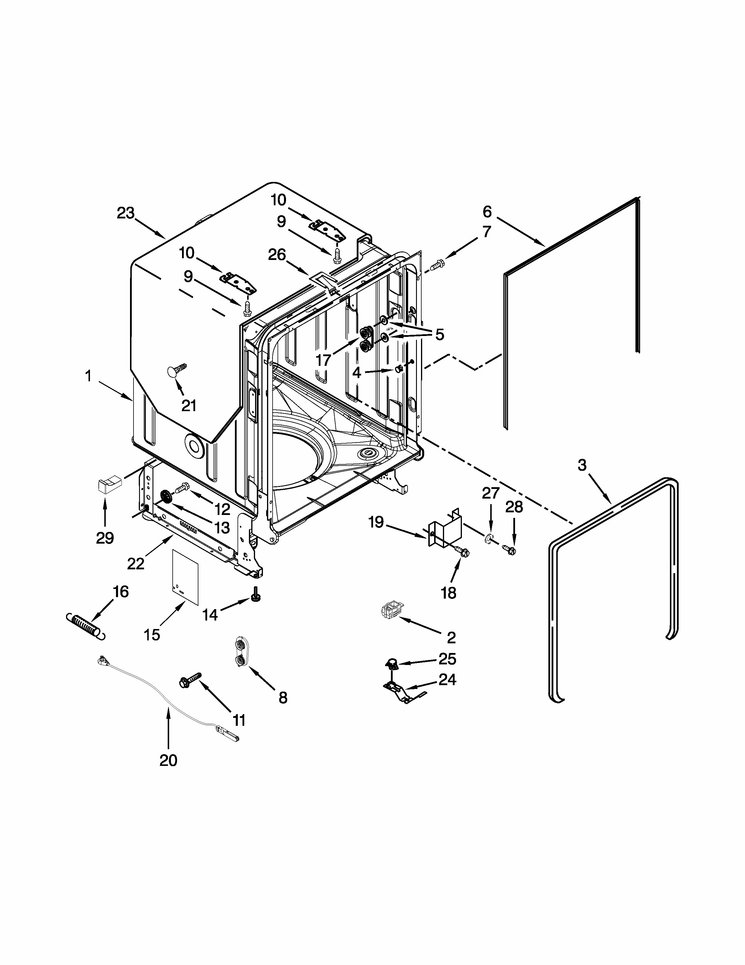 Tub And Frame Parts Diagram and Parts List for IUD8010DS0  Whirlpool Dishwasher