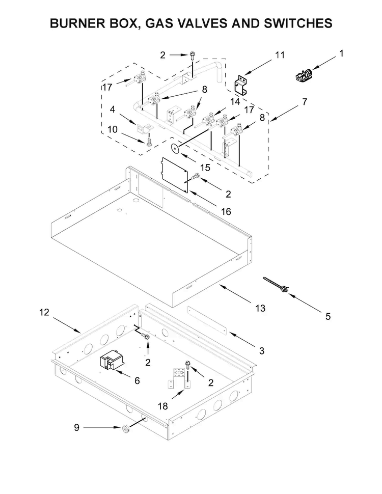 Burner Box, Gas Valves And Switches Diagram and Parts List for KGCU467VSS02  KitchenAid Cooktop