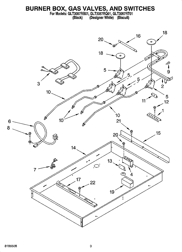 BURNER BOX, GAS VALVES, AND SWITCHES Diagram and Parts List for GLT3057RQ01  Whirlpool Cooktop