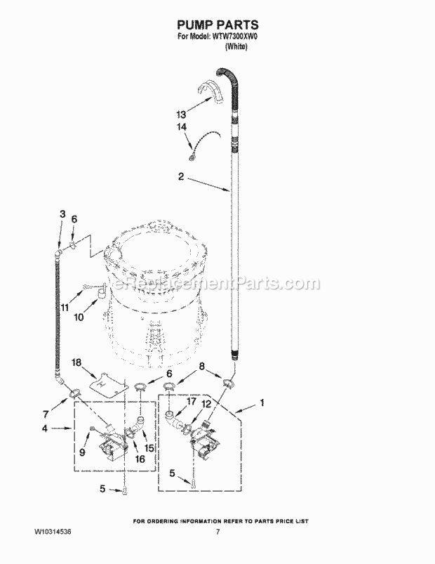 Pump Parts Diagram and Parts List for WTW7300XW0  Whirlpool Washer