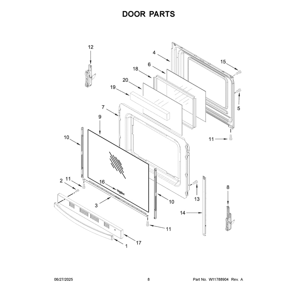 Door Parts Diagram and Parts List for YWFES4530SS0  Whirlpool Range