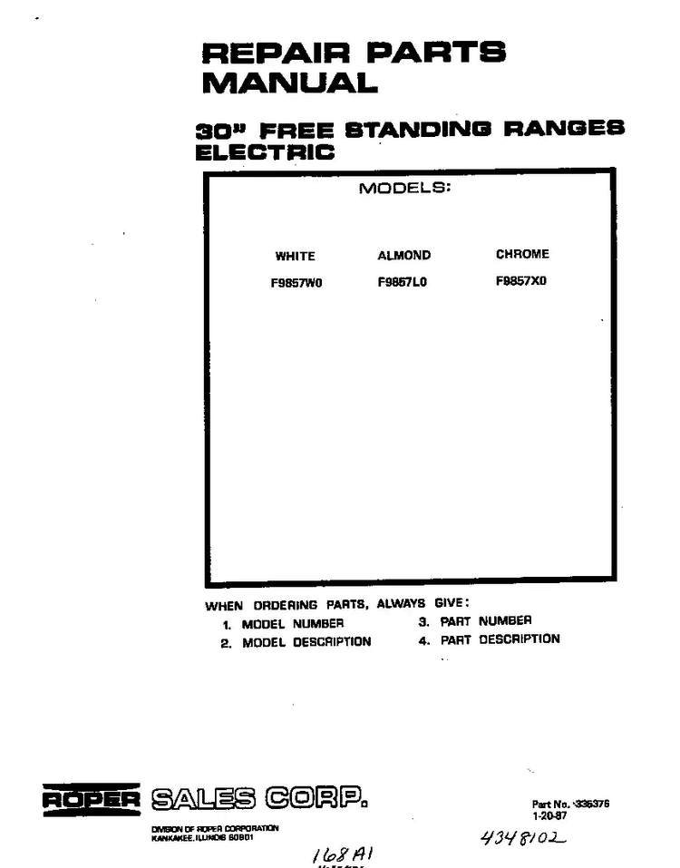 Front Cover Diagram and Parts List for F9857*0  Roper Range