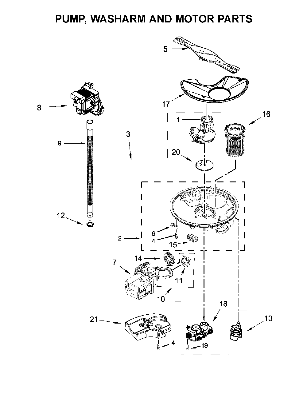 Pump, washarm and motor parts Diagram and Parts List for 66514545N710  Kenmore Dishwasher