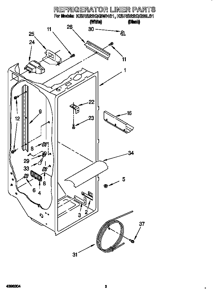 Refrigerator Liner Diagram and Parts List for KSRS22QGBL0  KitchenAid Refrigerator