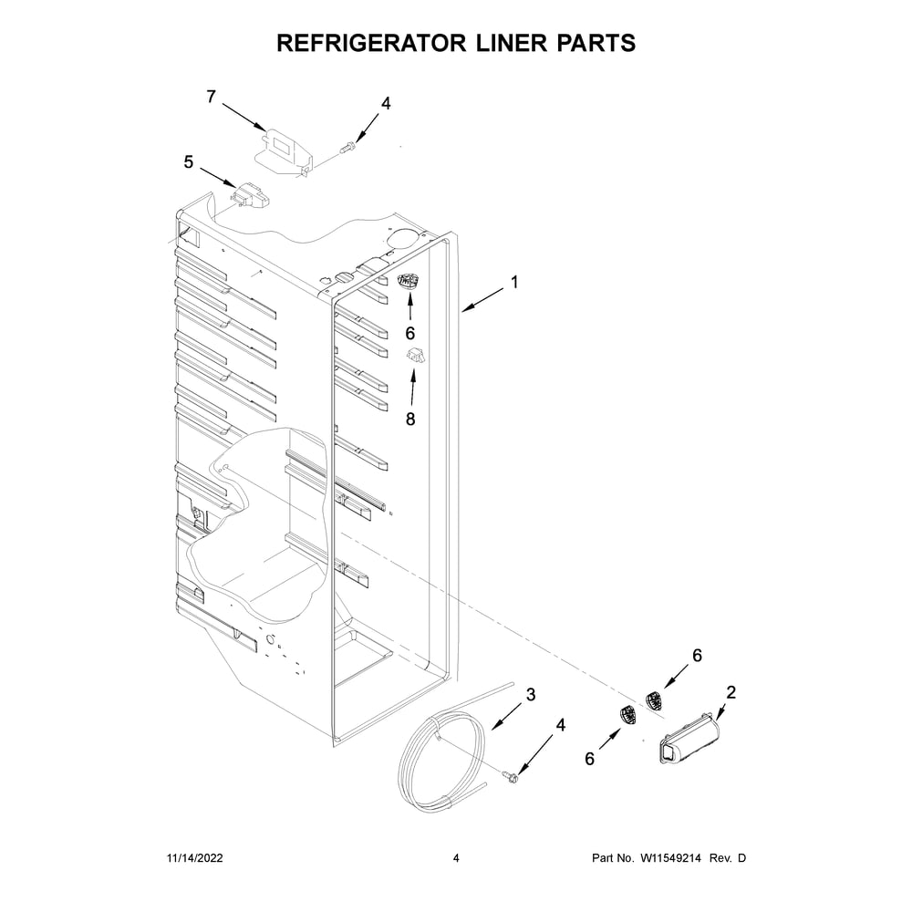 Refrigerator Liner Parts Diagram and Parts List for WRS321SDHW08  Whirlpool Refrigerator