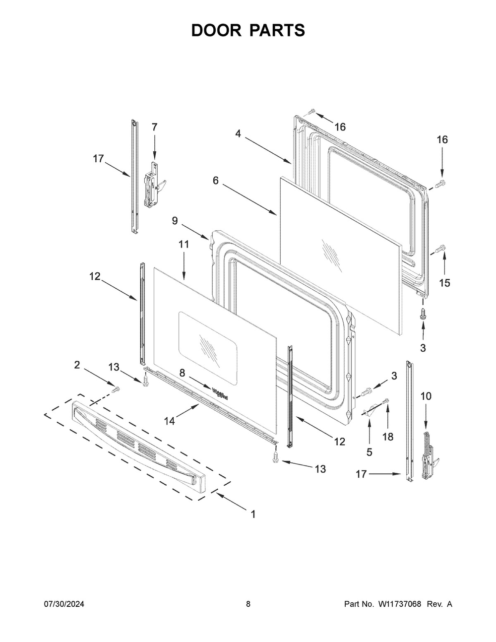 05 - Door Parts Diagram and Parts List for YWFC150M0JB4  Whirlpool Range