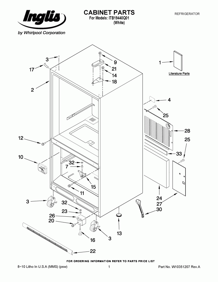 CABINET PARTS Diagram and Parts List for ITB19440Q01  Inglis Refrigerator