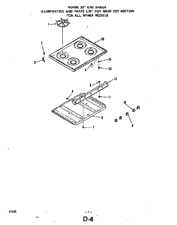 Main Top Diagram and Parts List for 1414*0A  Roper Range