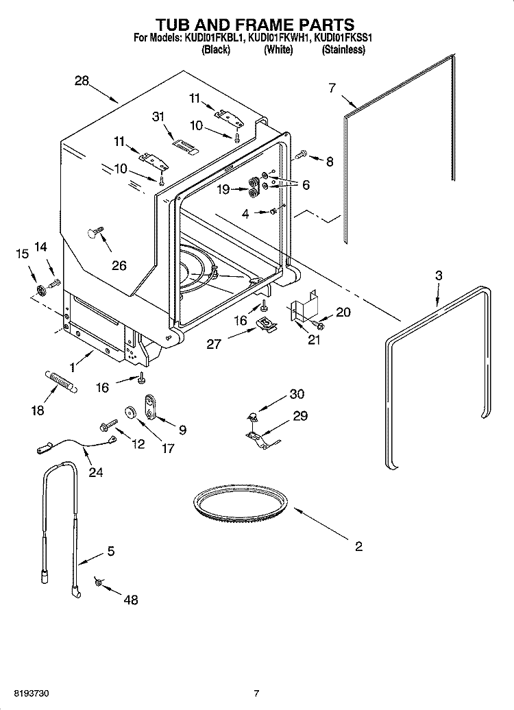 TUB AND FRAME PARTS Diagram and Parts List for KUDI01FKWH1  KitchenAid Dishwasher