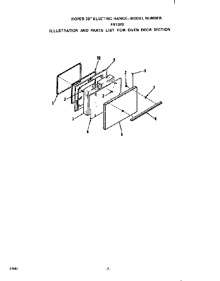 Oven Door Diagram and Parts List for F9107*0  Roper Range