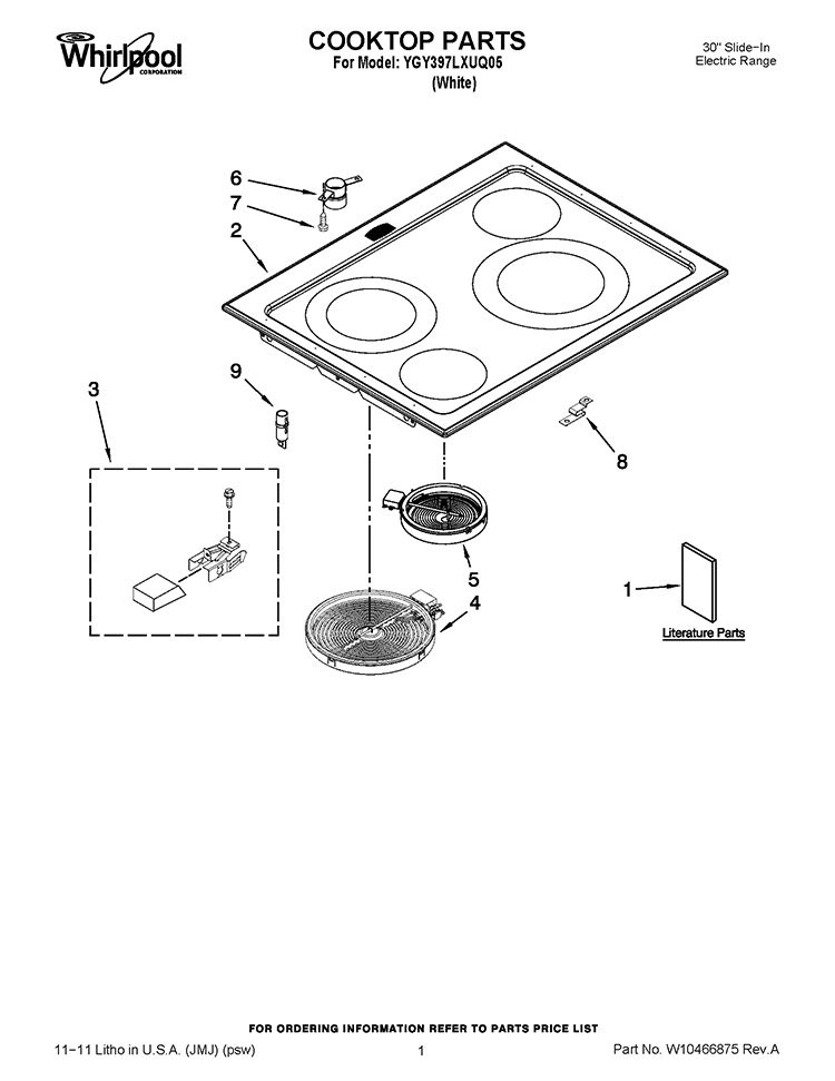 COOKTOP PARTS Diagram and Parts List for YGY397LXUQ05  Whirlpool Range
