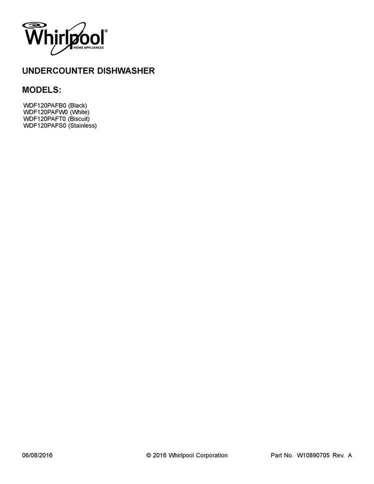 Cover Sheet Diagram and Parts List for WDF120PAFT0  Whirlpool Dishwasher