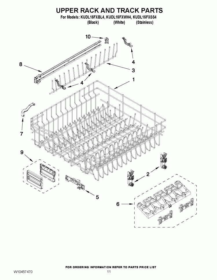 UPPER RACK AND TRACK PARTS Diagram and Parts List for KUDL15FXWH4  KitchenAid Dishwasher