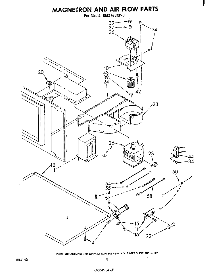 MAGNETRON AND AIRFLOW Diagram and Parts List for RM278BXP0  Whirlpool Microwave Oven Combo