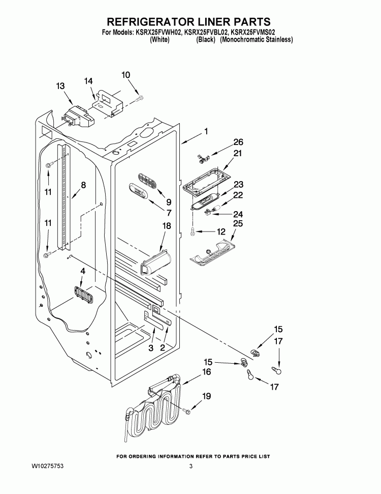 REFRIGERATOR LINER PARTS Diagram and Parts List for KSRX25FVMS02  KitchenAid Refrigerator