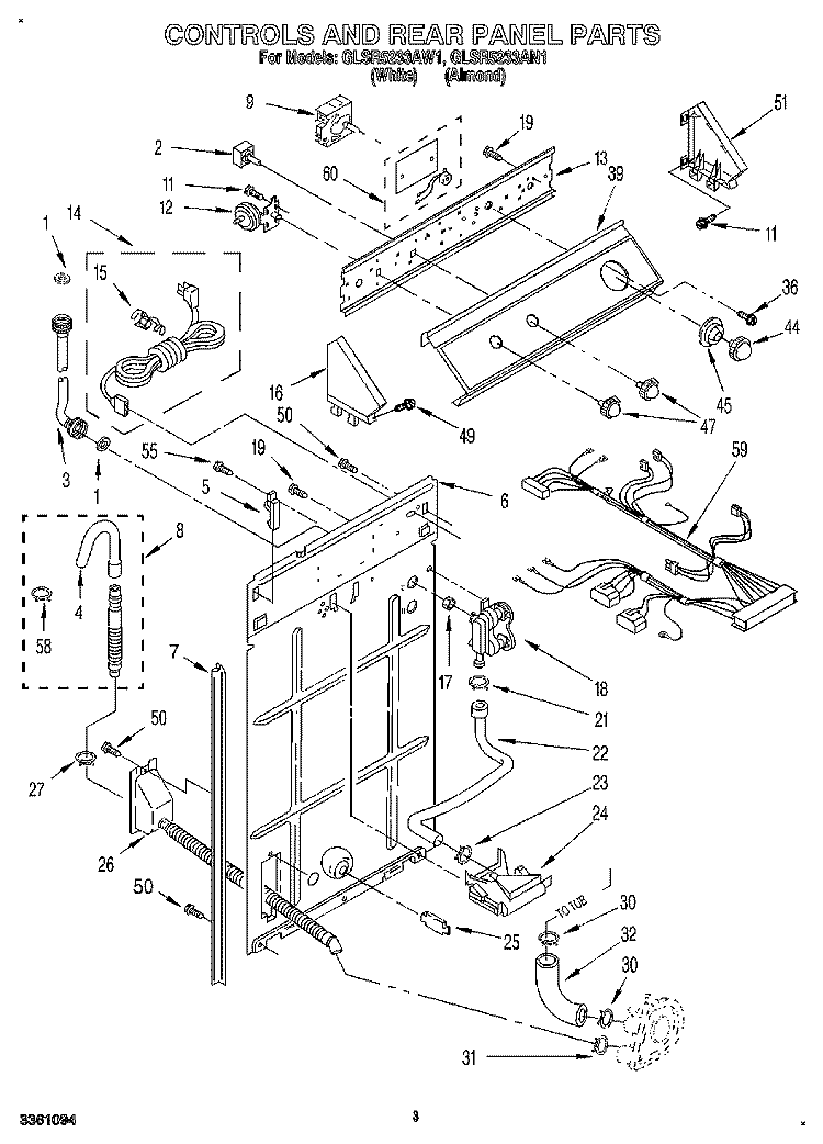 CONTROLS AND REAR PANEL Diagram and Parts List for GLSR5233AW1  Whirlpool Washer
