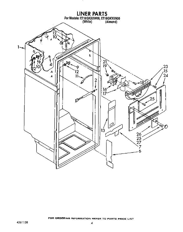 LINER Diagram and Parts List for ET18GKXXN00  Whirlpool Refrigerator