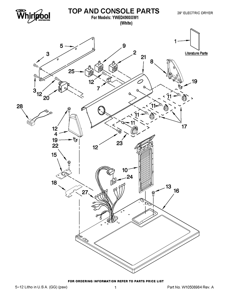 TOP AND CONSOLE PARTS Diagram and Parts List for YWED4900XW1  Whirlpool Dryer