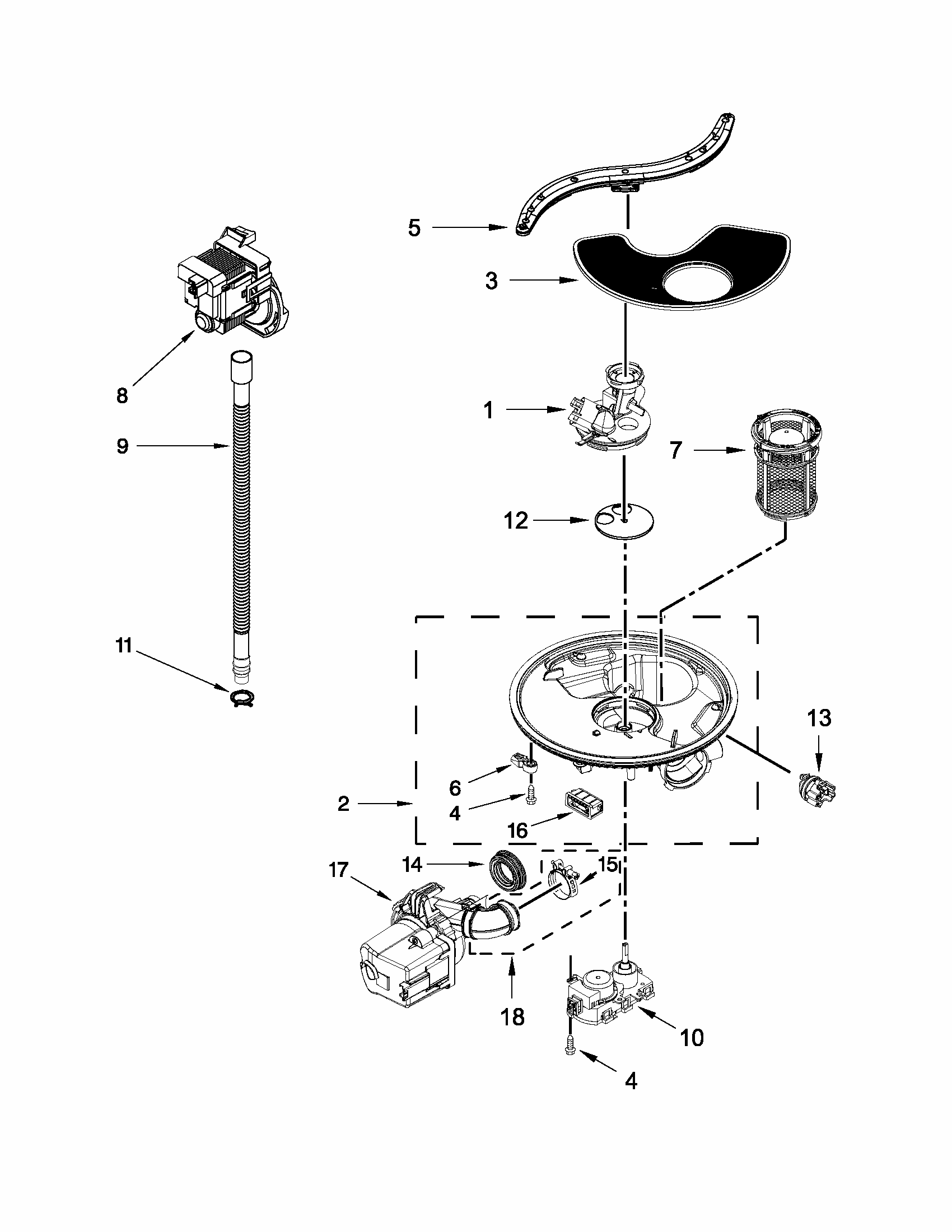 Pump, Washarm And Motor Parts Diagram and Parts List for 66513272K116  Kenmore Dishwasher