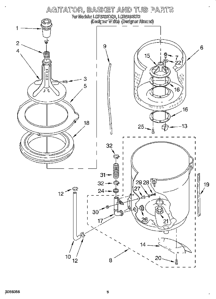 AGITATOR, BASKET AND TUB Diagram and Parts List for LCR5232DQ2  Whirlpool Washer