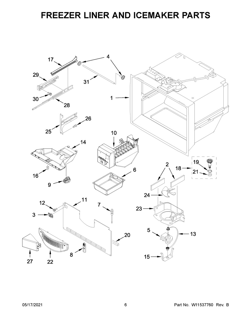 Freezer Liner And Icemaker Parts Diagram and Parts List for WRF535SMHW04  Whirlpool Refrigerator