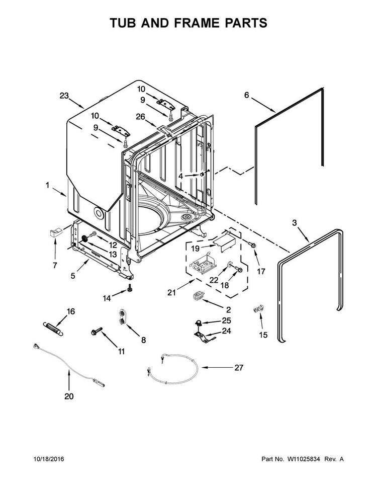 Tub And Frame Parts Diagram and Parts List for WDT920SADM3  Whirlpool Dishwasher