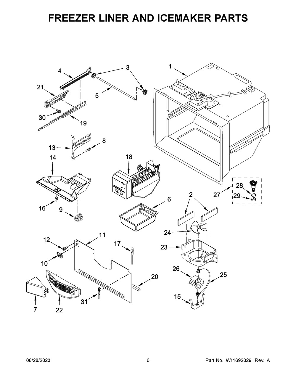 Freezer Liner And Icemaker Parts Diagram and Parts List for WRF540CWHV08  Whirlpool Refrigerator