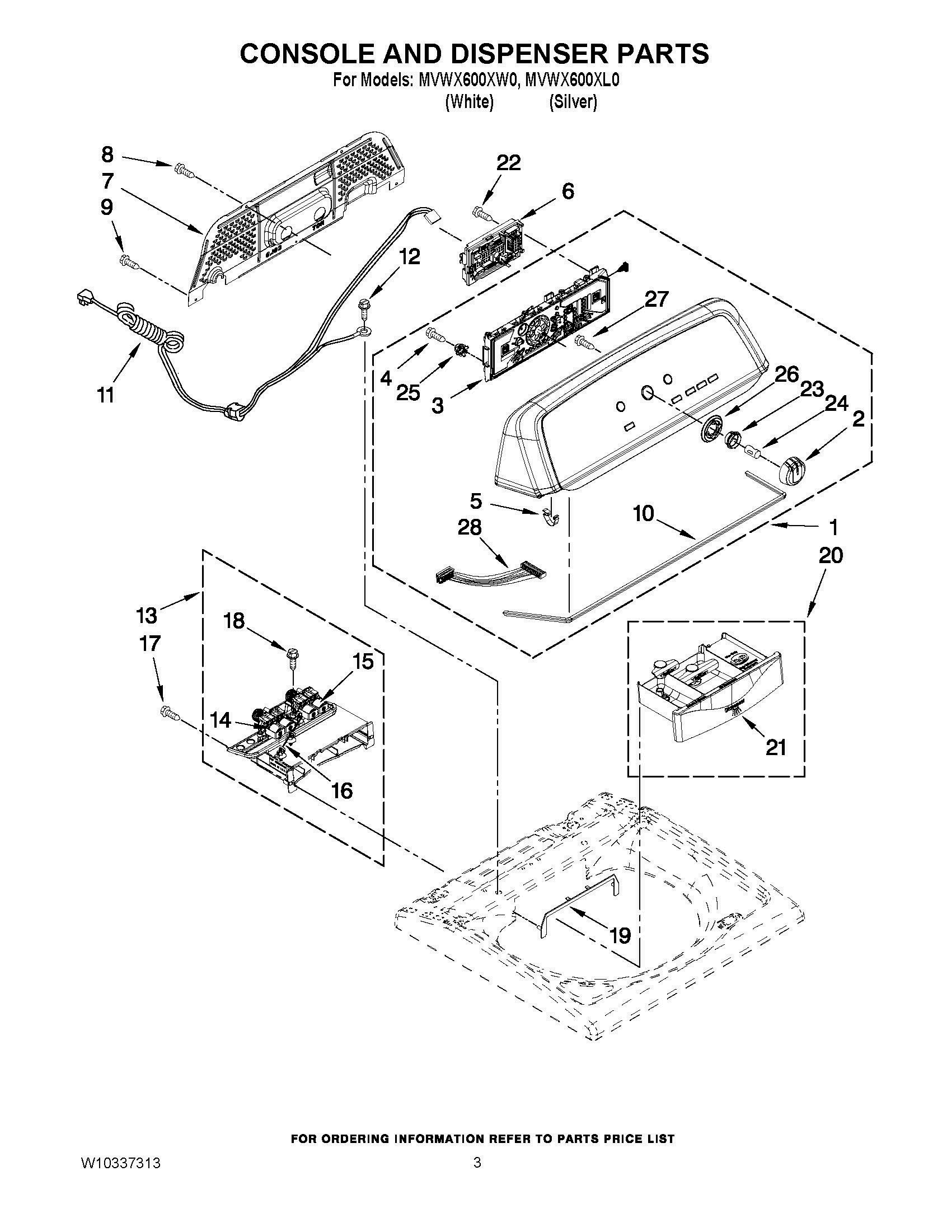 02 - CONSOLE AND DISPENSER PARTS Diagram and Parts List for MVWX600XL0  Whirlpool Washer