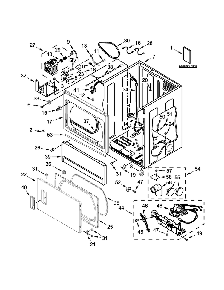 Lower Cabinet And Front Panel Parts Diagram and Parts List for CSP2861TQ1  Whirlpool Dryer