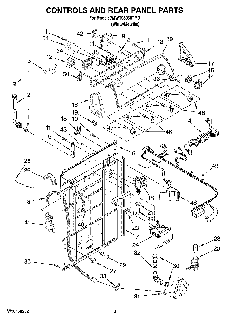 CONTROLS AND REAR PANEL PARTS Diagram and Parts List for 7MWT98930TM0  Whirlpool Washer