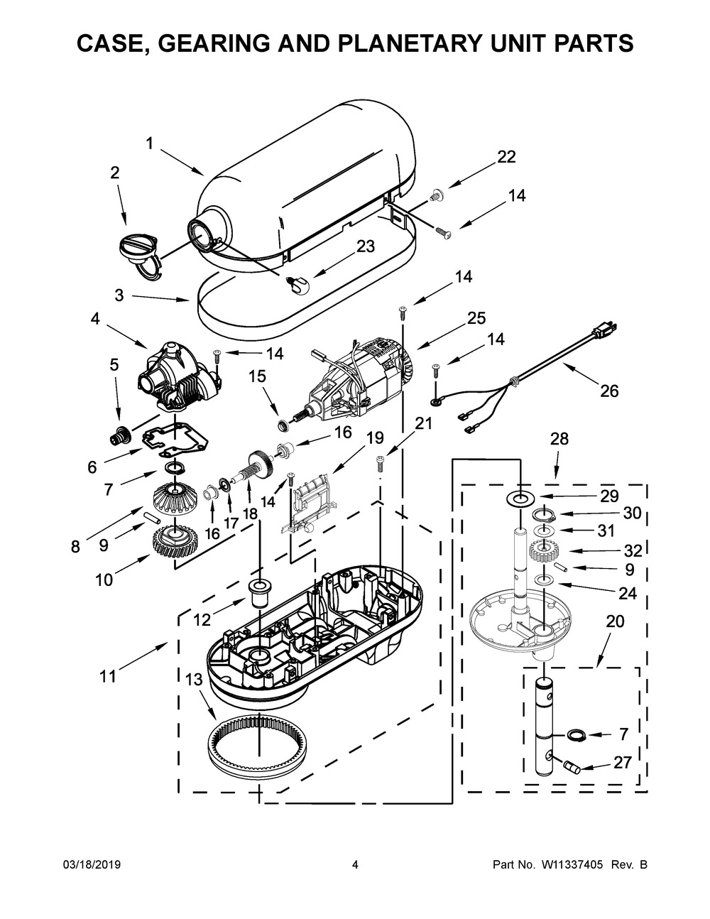 Case, Gearing And Planetary Unit Parts Diagram and Parts List for KP26M9PCER5  Whirlpool Mixer