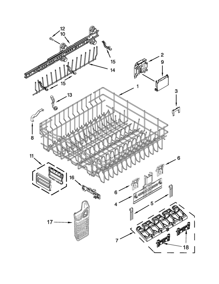 Upper Rack And Track Parts Diagram and Parts List for KUDE48FXSP6  KitchenAid Dishwasher