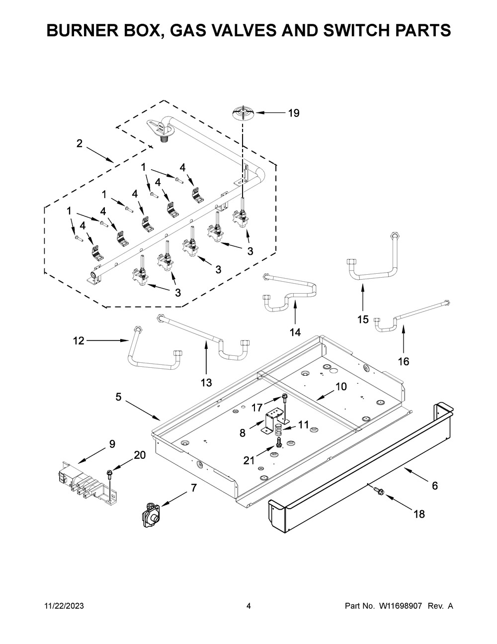 Burner Box, Gas Valves And Switch Parts Diagram and Parts List for KCGG530PBL00  KitchenAid Cooktop