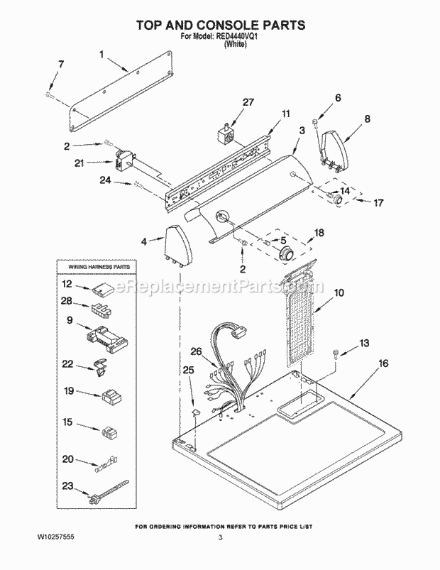 TOP AND CONSOLE PARTS Diagram and Parts List for RED4440VQ1  Roper Dryer