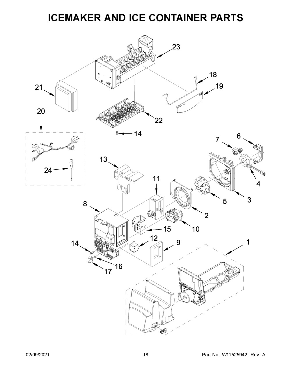 Icemaker And Ice Container Parts Diagram and Parts List for WRF555SDHW03  Whirlpool Refrigerator
