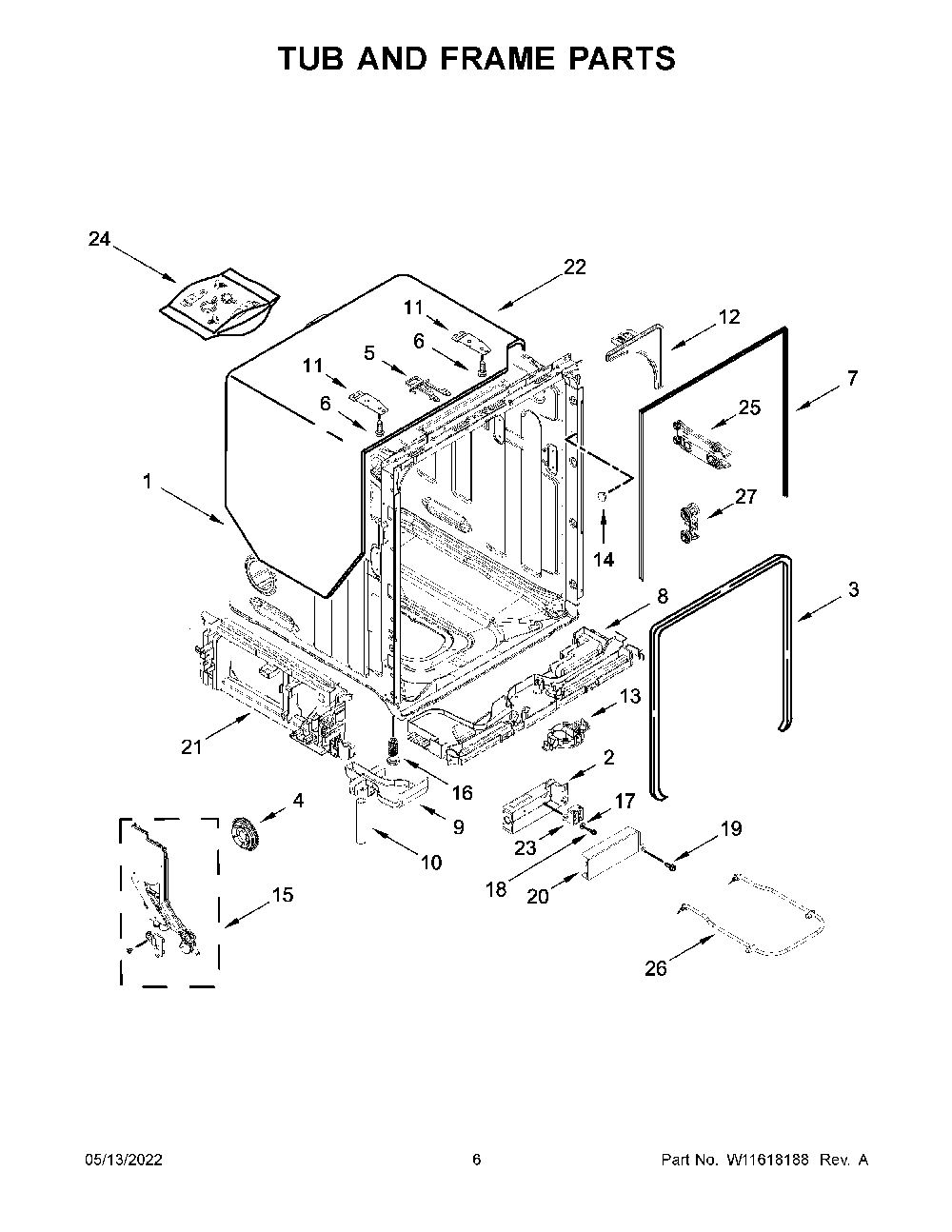 Tub And Frame Parts Diagram and Parts List for KDPM604KPS1  KitchenAid Dishwasher