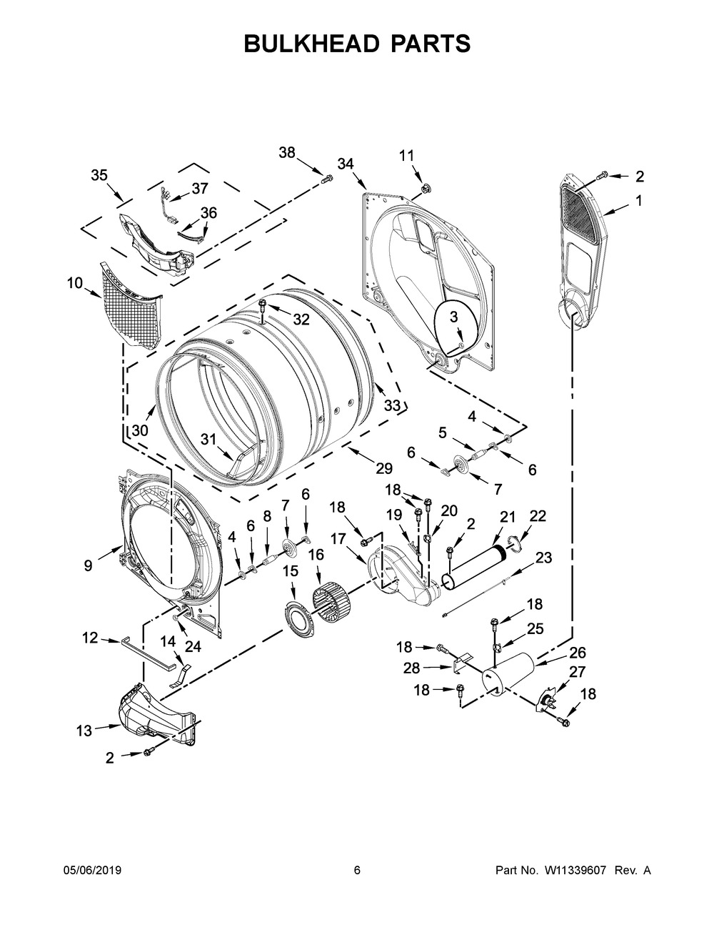 Bulkhead Parts Diagram and Parts List for WGD560LHW1  Whirlpool Dryer