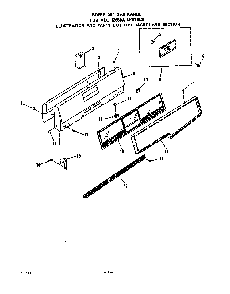Backguard Diagram and Parts List for 1265*0A  Roper Range