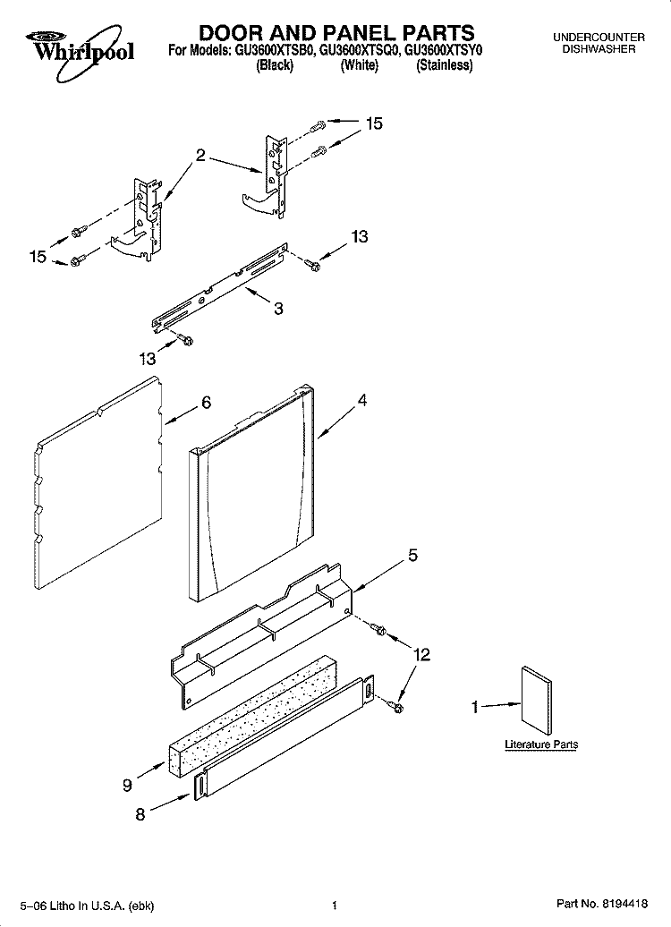 DOOR AND PANEL PARTS Diagram and Parts List for GU3600XTSB0  Whirlpool Dishwasher