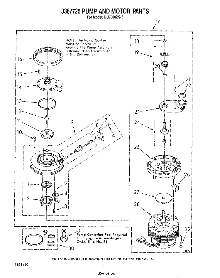 3367725 PUMP AND MOTOR Diagram and Parts List for DU7800XS2  Whirlpool Dishwasher